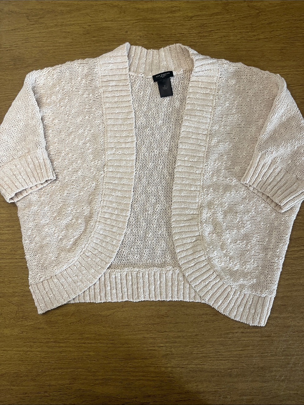 Ann Taylor Ivory Open-Front Cropped Nubby Knit Cardigan, Short Sleeve, Sz M